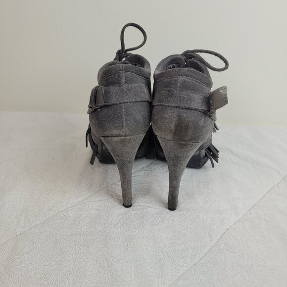 Colin Stuart gray suede booties fringe leather ties tassels stiletto heels 6.5 - Picture 4 of 13
